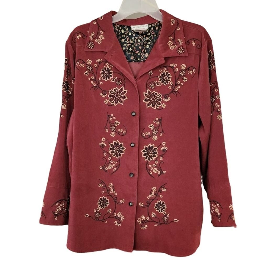 Victor Costa Western Embroidered Burgundy Shacket Women's Plus 1X‎